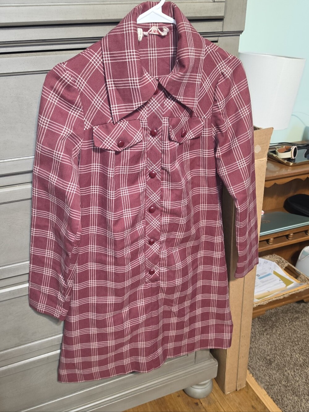 Plaid Long Sleeve Shirt Dress in Burgundy